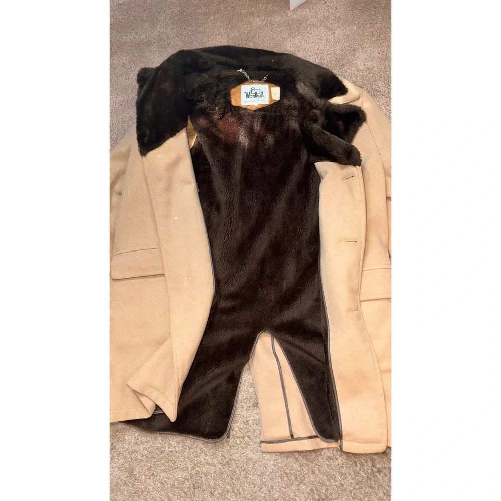 Woolrich Wool Men's 1980's Blend Long Coat Size 44 Camel Brown Faux Fur Overcoat